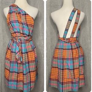 THREAD SOCIAL PLAID ONE SHOULDER SILK BLEND DRESS SIZE 2